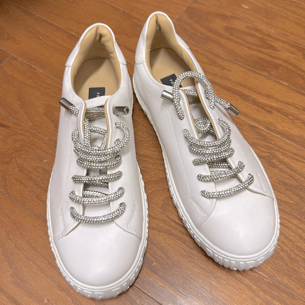 PHILIPP PLEIN Low Top Leather Sneakers RHINESTONE Laces 39 8.5/9